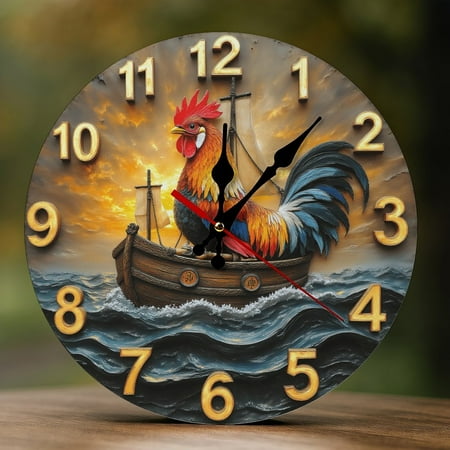 Wall Clock Decorative - Colorful Rooster Voyage Print 2D Vintage Wall Clocks Battery Operated Silent Non-Ticking for Bedroom, Living Room, Kitchen, Office, Classroom, 10 Inch