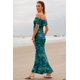 thumbnail image 4 of Vestido LUXVEER para mujer con hombros descubiertos, estampado floral, maxi azul lago, 4 of 7