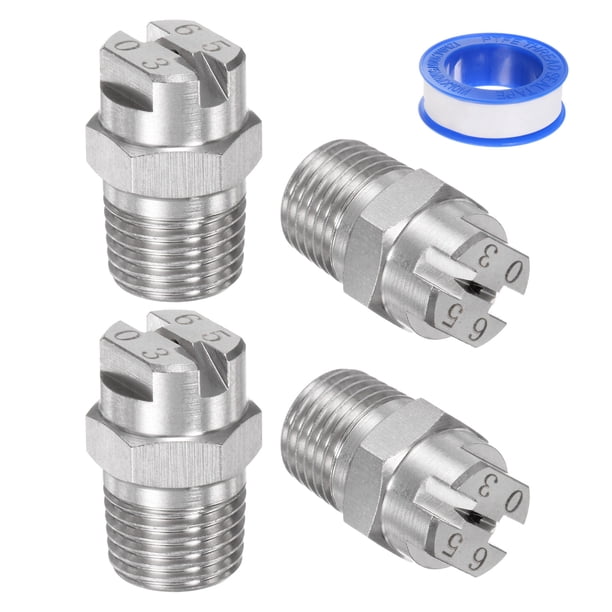 Punta de pulverización plana de 4 piezas a 65 grados, diámetro de 1.1 mm, macho 1/4 BSPT con cinta de sellado, tono plateado