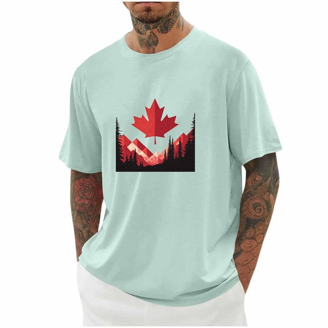 Weiqiqre T-Shirts pour Homme Drapeau Canadien Col Rond Chandail Doux Manches Courtes Blouses Col Rond