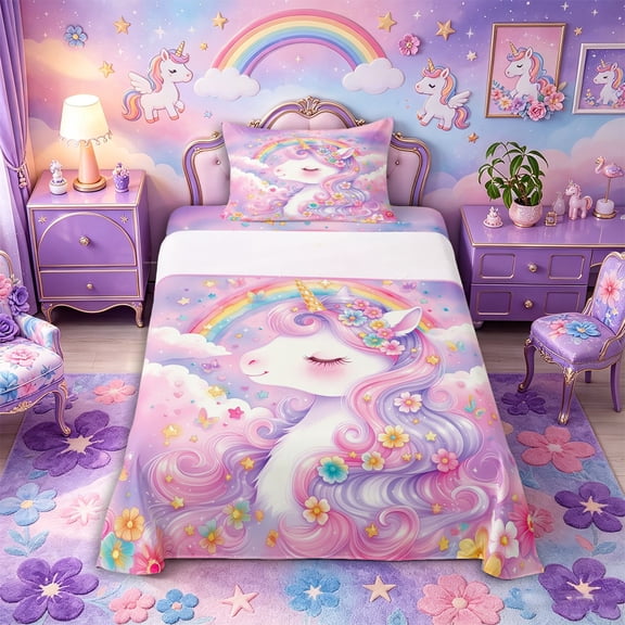Metsweet Dreamy Floral Unicorn Twin Sheets 3pcs, Watercolor Rainbow Flowers Bedding, Pink Purple,1 Fitted Sheet, 1 Flat Sheet and 1 Pillowcase