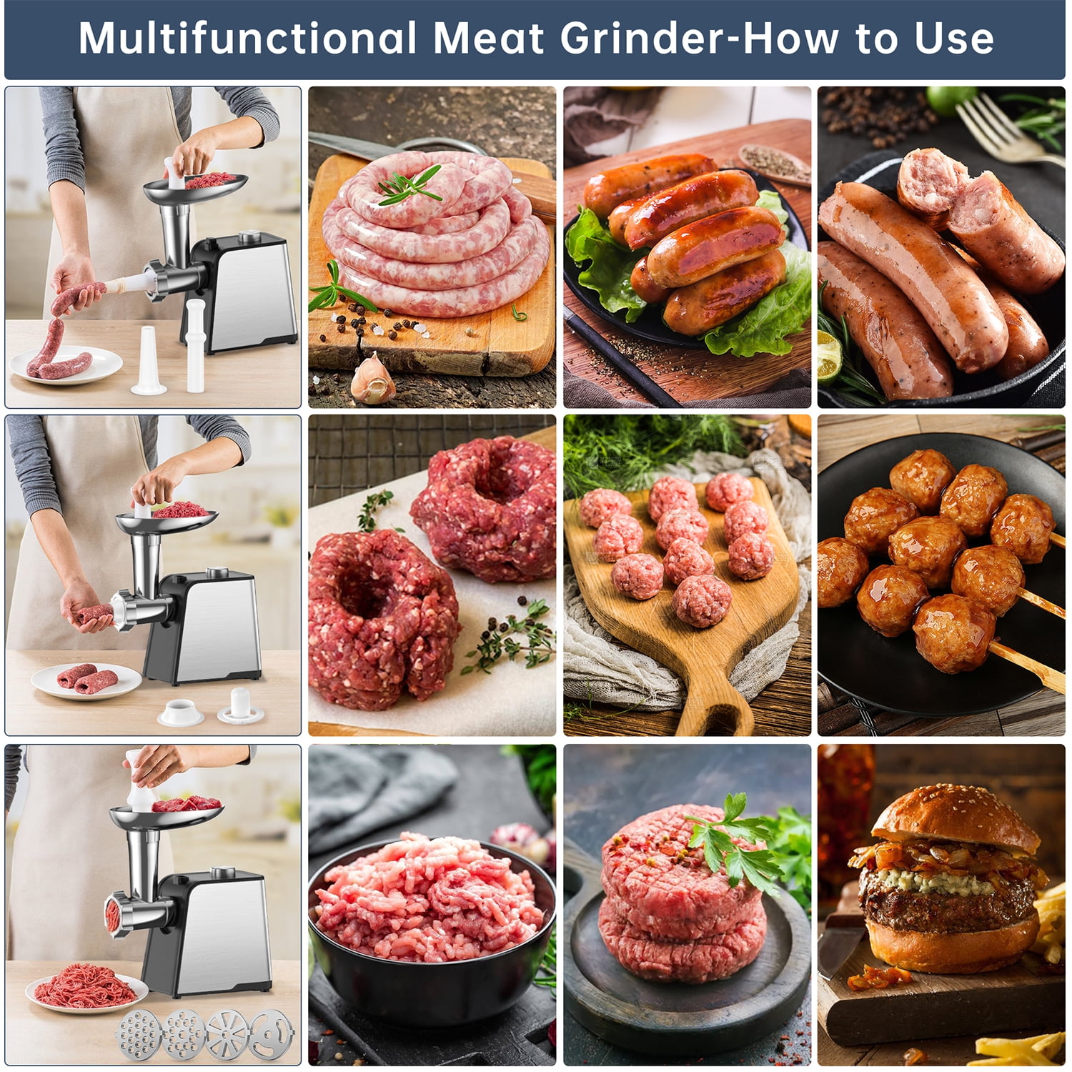 Meat Grinder, 2800W Max Powerful Electric Meat Mincer with 3 Blades, 4 Plates, Sausage Stuffer Tube & Kubbe Kit, Stainless Steel Food Grinder Sausage Stuffer Maker for Home Kitchen Commercial Use