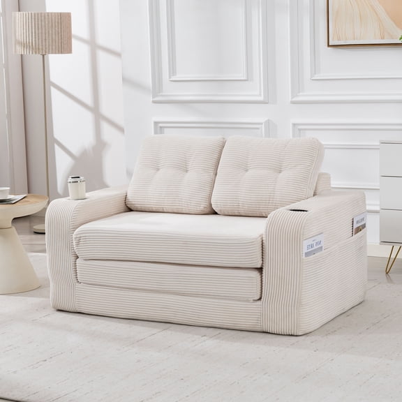 CQSXDA 2 In 1 Convertible Sofa Bed With Fold Out Floor Couch Design With Pillows For Lounge Settings, Beige