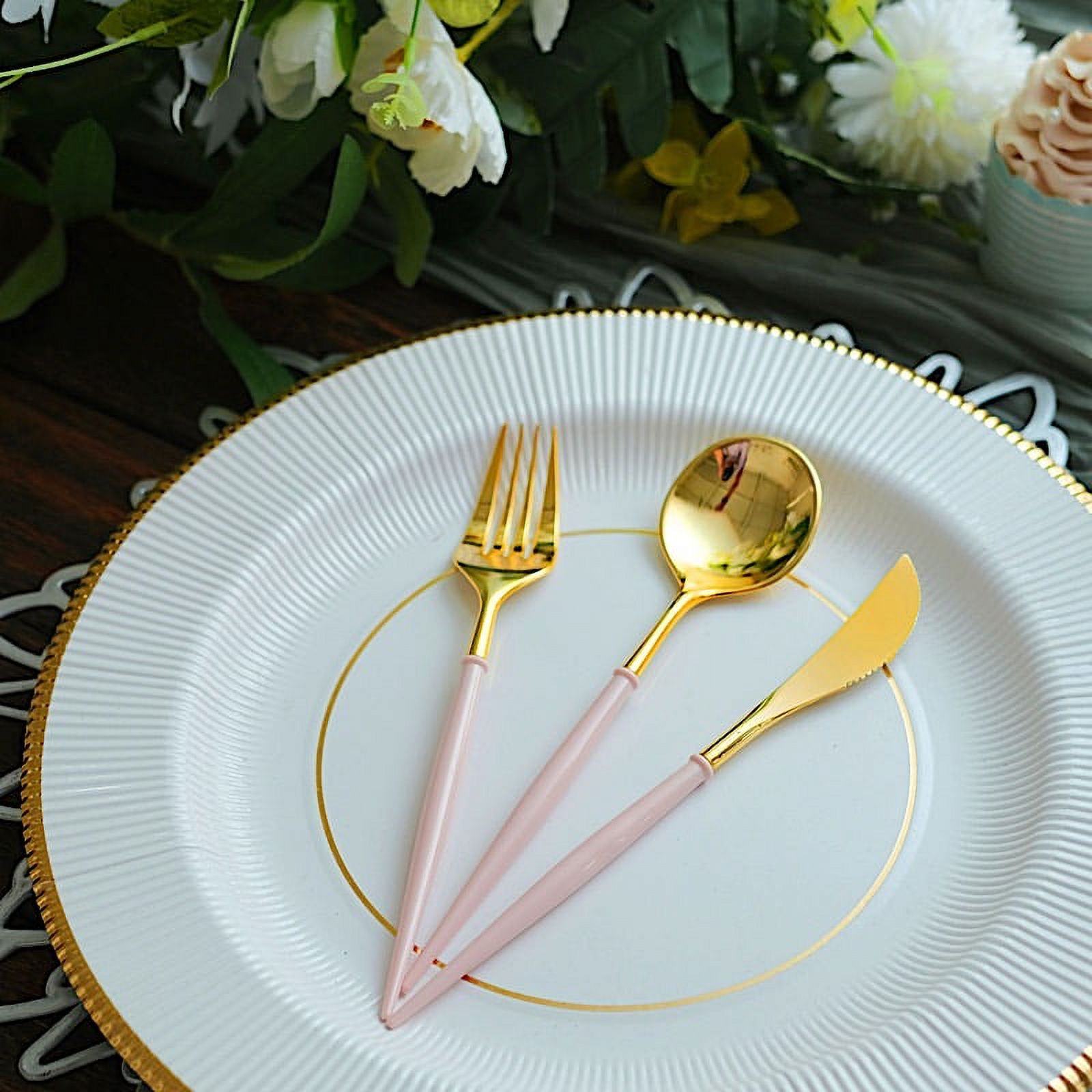 Balsa Circle 24 Gold Blush Disposable Plastic Cutlery Spoon Fork Knife Set