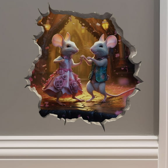 Dancing Mouse Couple in Mouse Hole Decal - Mouse Hole 3D Wall Sticker