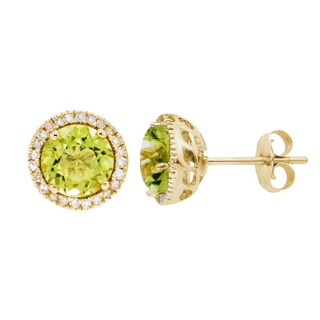 Round Cut Gemstone & 0.13 CT. T.W. Halo Diamond Stud Earrings in 14K Gold