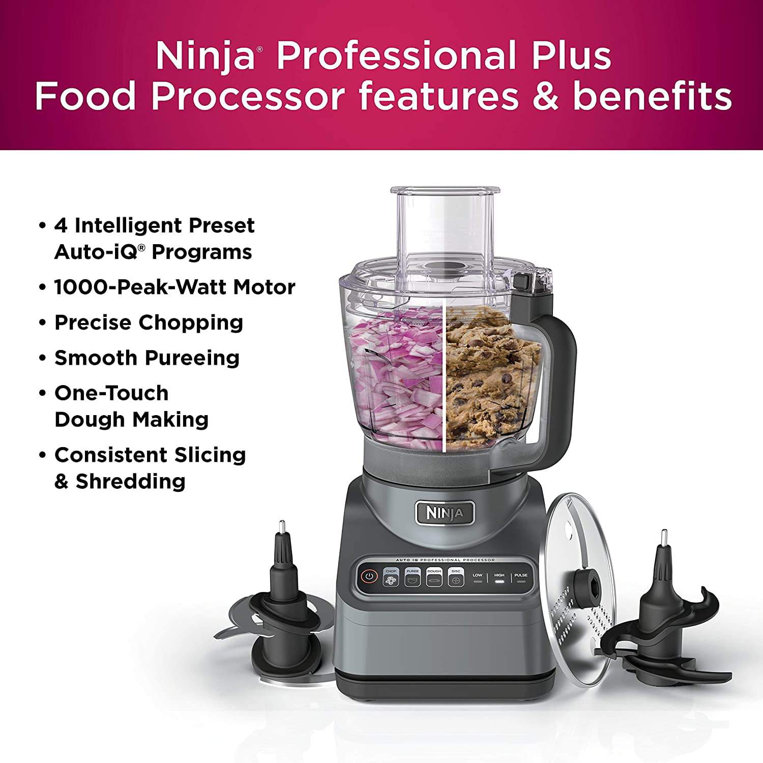 Ninja BN601 Professional Plus Food Processor 1000-Peak-Watts with Auto-iQ  Preset Programs Chop Puree Dough Slice Shred with a 9-Cup Capacity and a