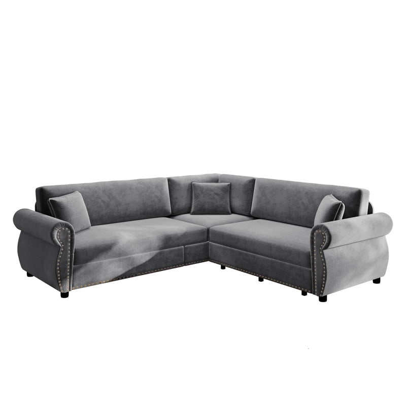 88.2" Sectional Sleeper Sofa with Pull Out Bed, Convertible Sleeper Couch with Nailhead Trim, 5-Seat Sectional Sofa Chenille Couch for Living Room Apartment
