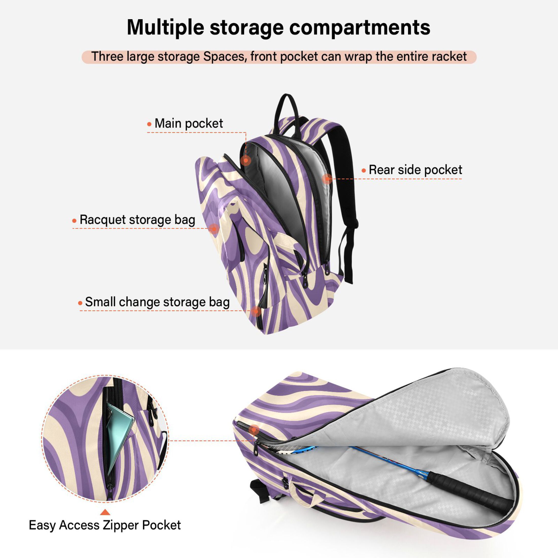 2 Racquet Holder Tennis Backpack Tennis Racket Covers Gym Bags Purple Creamy Pattern