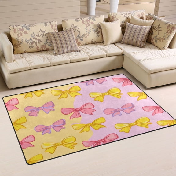 Non-Slip Area Rug 31"x20" Indoor Washable Floor Mats Carpet Printed for Living Room, Bedroom, Home Decor Yellow and Pink Bows