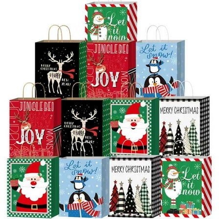 12 Pack Extra Large Christmas Bags with Handles, 16.5"x12.2"x4.7" Xmas Gift Bags.ChristmasPaper Bags for Presents with 6 Cute Designs,Xmas Party Favor,HolidayDecoration