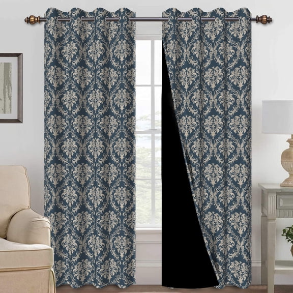 Mizhona Blue Blackout Curtains for Bedroom, Bohemia Floral Printed Room Darkening Curtains Set of 2,42"x108"