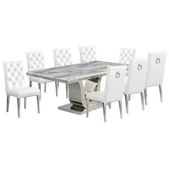 Silver Stainless Steel 9 Piece Dining Set with Marble Table and White Chairs