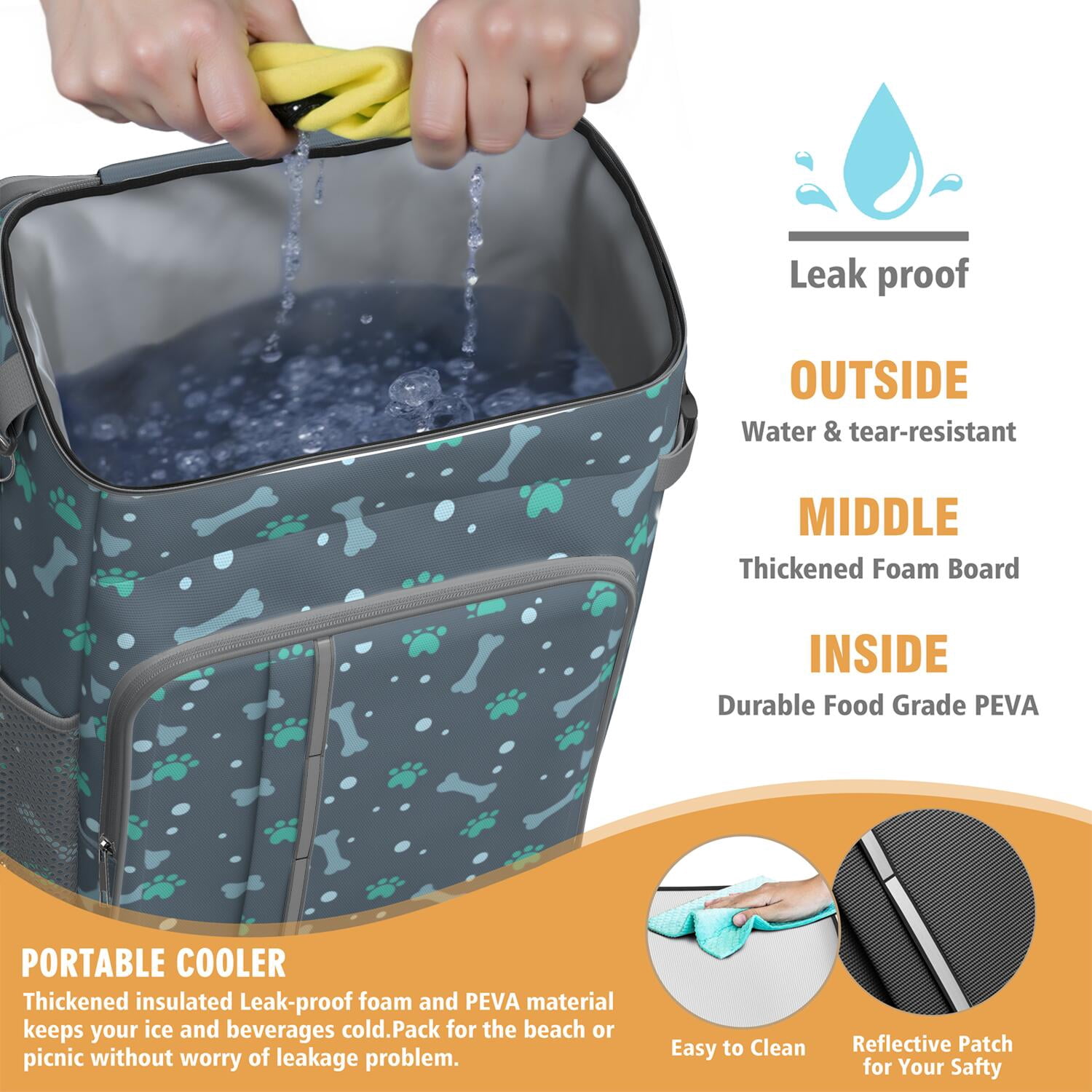 Travel Cooler Bag - Paw Prints and Bones Camping Beer Cooler Backpack with Bottle Opener- Waterproof Insulated Picnic Backpacks - Cooler Bag for Beach