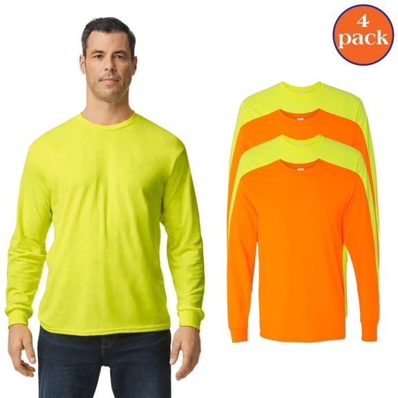 Gildan Long Sleeve Safety Workwear, Hi Vis Safety T-shirt for Men, Safety Orange & Green, Pack 4, S
