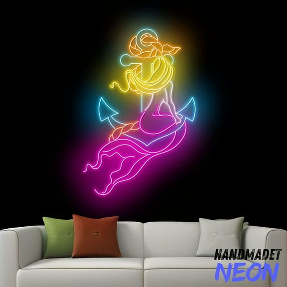 Handmadetneonsign Anchor With Mermaid Neon Sign, Anchor Led Sign, Mermaid Neon Light, Wall Art 97040