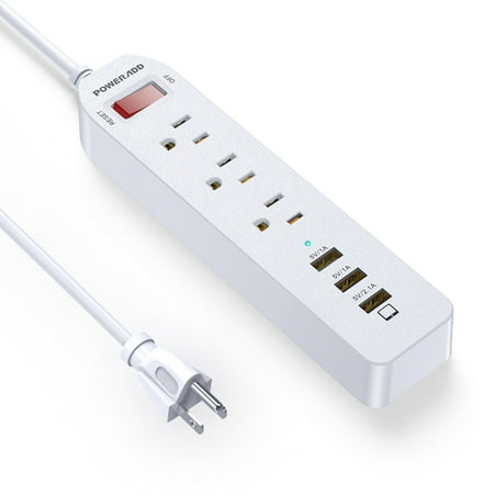 Poweradd 3-Outlet Surge Protector 3 USB Ports Power Strip with 5ft Heavy-Duty Extension Power Cord, 1250W - UL (Best Power Strip For Computer)