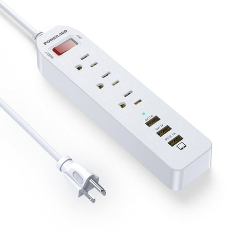 Poweradd 3-Outlet Surge Protector 3 USB Ports Power Strip with 5ft Heavy-Duty Extension Power Cord, 1250W - UL (Best Power Strip With Usb)