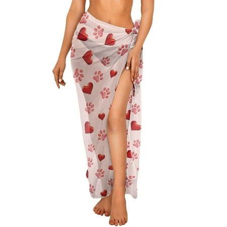 FKELYI Pink Love Dog Paw Print Women Sarong Soft Swimsuit Coverups for Summer Chiffon Long Bikini Wraps Semi-Sheer Beach Pareo Bathing Suit Cover Up Beach Dress
