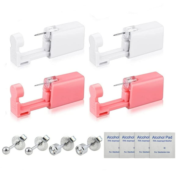 Self Ear Piercing Gun Kit, 4 Pack Disposable Self Ear Piercing Set, Safety At Home Ear Piercing Kit Ear Nose Mouse Body Piercing Gun No Pain Easy Use Tool with Surgical Steel Earrings Studs (4pack)