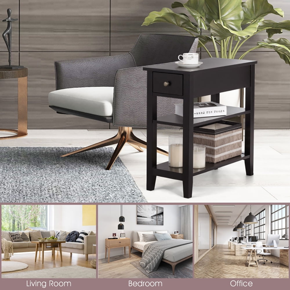 Finihen End Side Table, Rectangular Nightstand, 3-Tier End Table with Drawer slideway and Double Shelves, for Living Room, Bedroom, Brown Finihen End Side Table, Rectangular Nightstand, 3-Tier End Table with Drawer slideway and Double Shelves, for Living Room, Bedroom, Brown