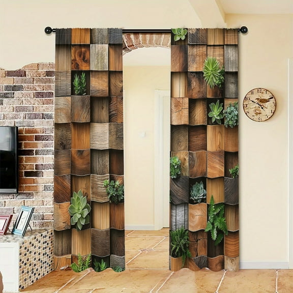 WNOOHIY Rustic Wood Grain Blocks Pattern Print Light-filtering Curtains for Living Room Bedroom Home Decoration, Set of 2 Panels