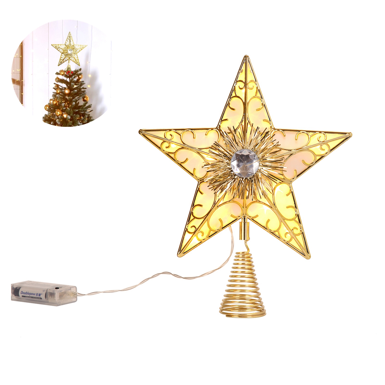 Sakiyr 9" LED Lighted Star Christmas Tree Topper, Treetop Star for Xmas Tree Ornament, Gold