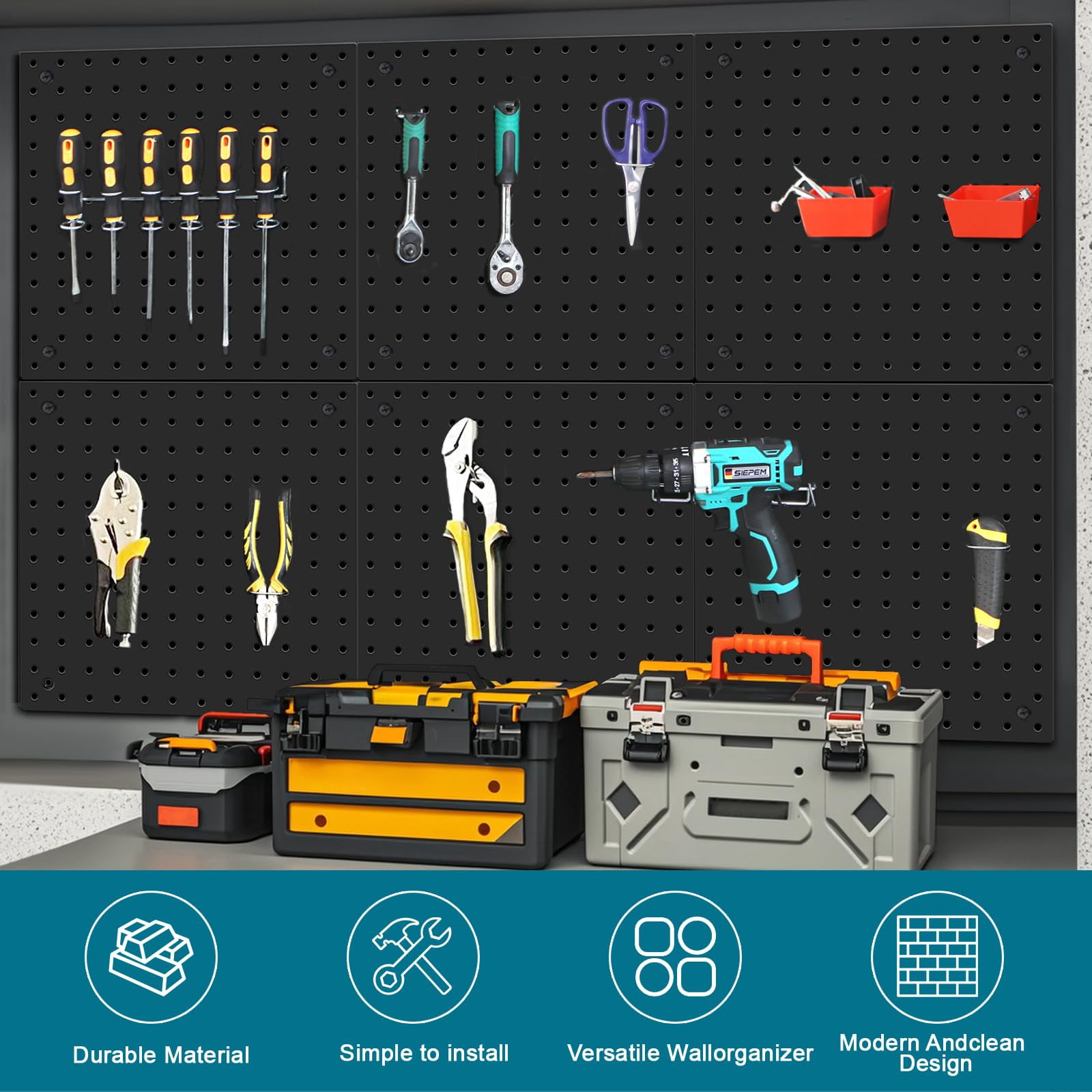 6-Pack Steel Pegboard with 106 Hooks Bins & Locks - Complete Wall Organization Kit 12x12 Inch