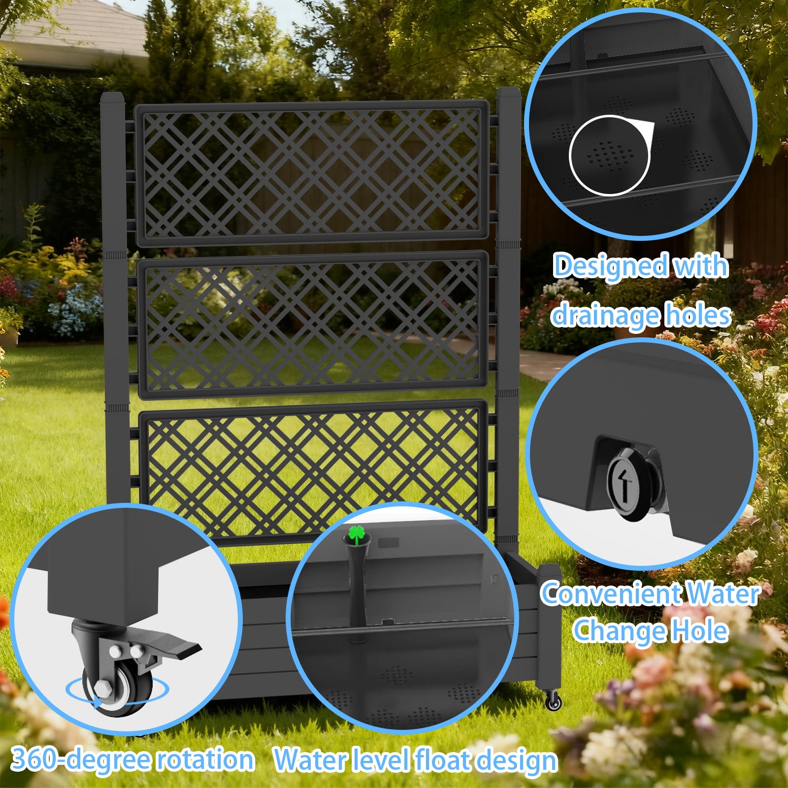 Joxxoaa Raised Garden Bed with Trellis, Large Outdoor Planter Trellis Box with Drainage Holes and Wheels for Climbing Plants.(Black）