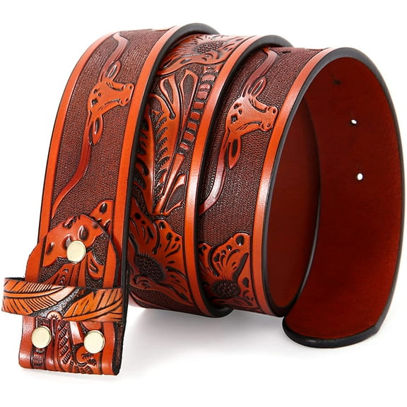 Nelbons Classic Western Bull Head Design Leather Snap On Belt Mens Womens-NO BUCKLE