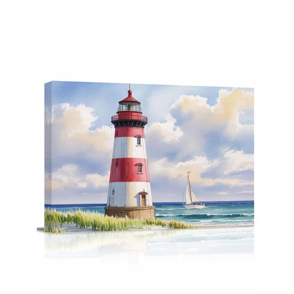 Summer Oil Painting Texture Canvas Print Wall Art Watercolor Ocean Lighthouse Pictures Painting Morden Artwork for Living Room Bedroom, Ready to Hang - 12"x16"