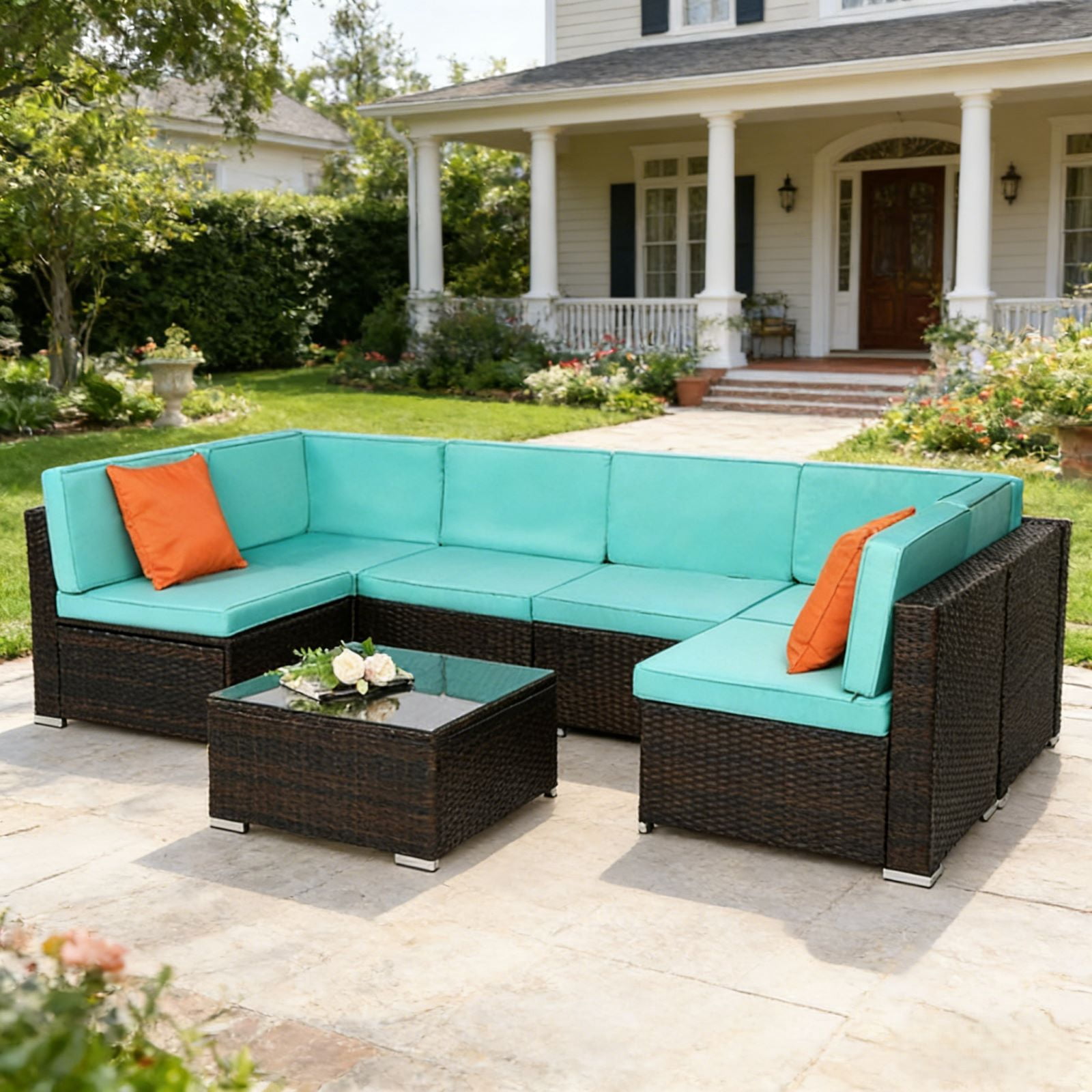 Ktaxon 7 Piece Black Rattan Sofa Set Lake Blue Cushions with Storage Table Boho Living Room Furniture