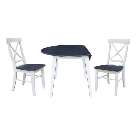 42" Round Solid Wood Dual Drop Leaf Table with 2 Chairs in White/Heather Gray