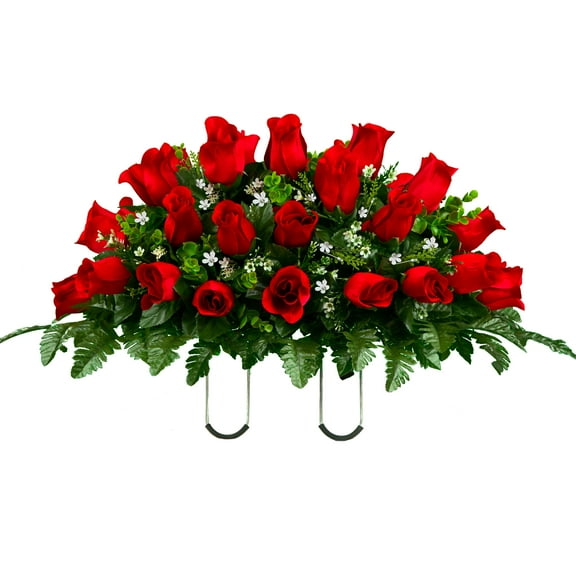 Sympathy Silks Red Rose Bud Cemetery Saddle for Headstone, Memorial Arrangement for All Seasons