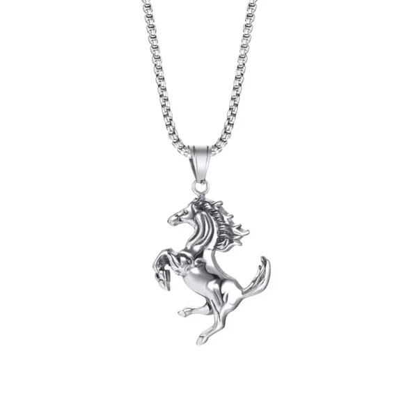 PAMTIER Men's Stainless Steel Domineering Vintage Hip Hop Mustang Animal Brave Speeding Standing Horse Pendant Necklace with Chain