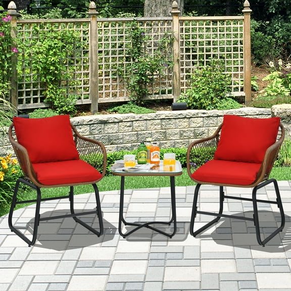 Gymax 3PCS Outdoor Bistro Set Patio Conversation Furniture Set w/ Red Cushions