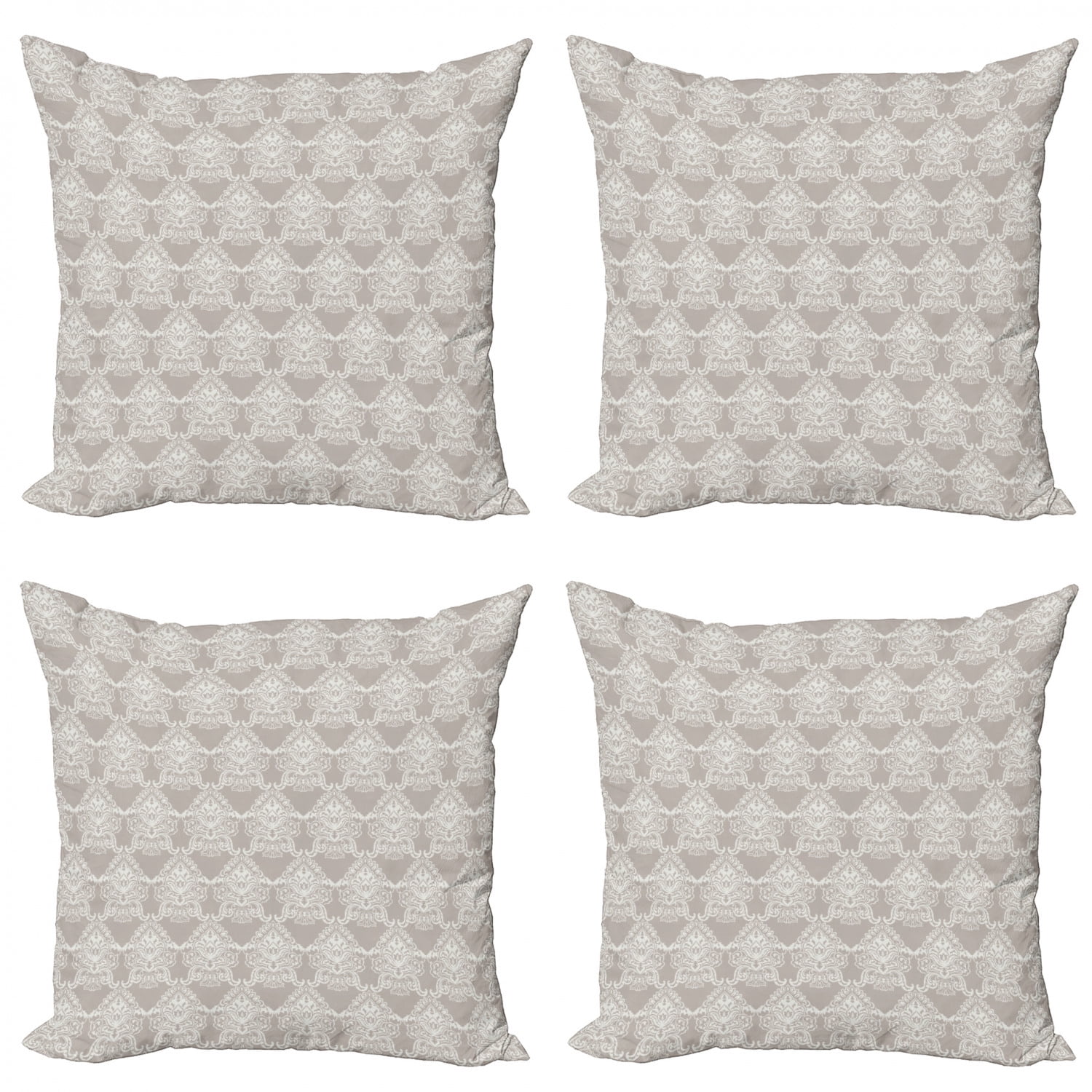 Taupe Throw Pillow Cushion Case Pack of 4, Royal White Damask in