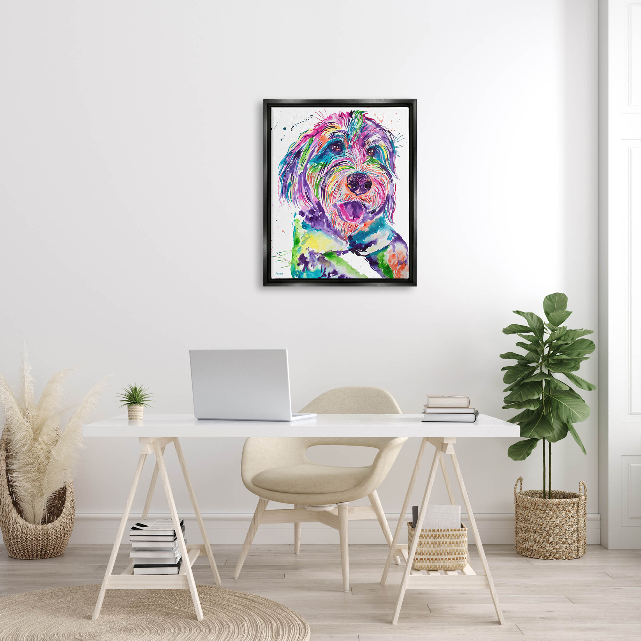 Smiling Terrier Modern Vivid Dog Animals & Insects Graphic Art Jet Black Framed Art Print Wall Art