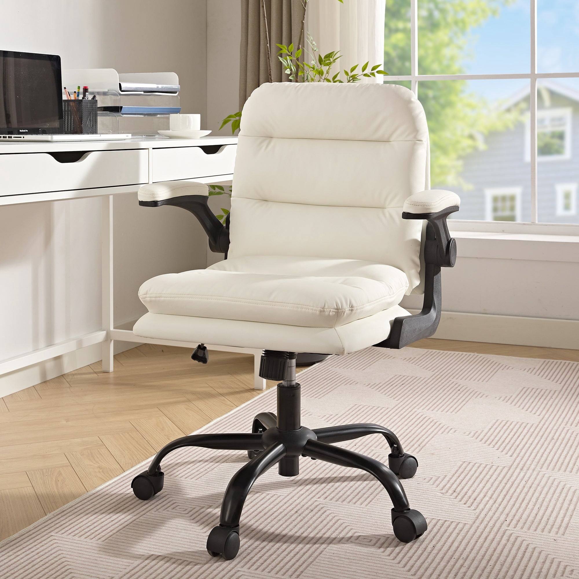 VECELO Ergonomic Office Chair, PU Leather Thick Padding Swivel Executive Computer Desk Chair With Upholstered Flip-Up Arms, White