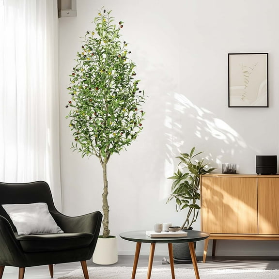 Olive Trees Artificial Indoor, 7FT Tall Olive Tree Plants, Faux Olive Tree with Realistic Trunk, Leaves, Fruits for Home Office Decor-1PCS