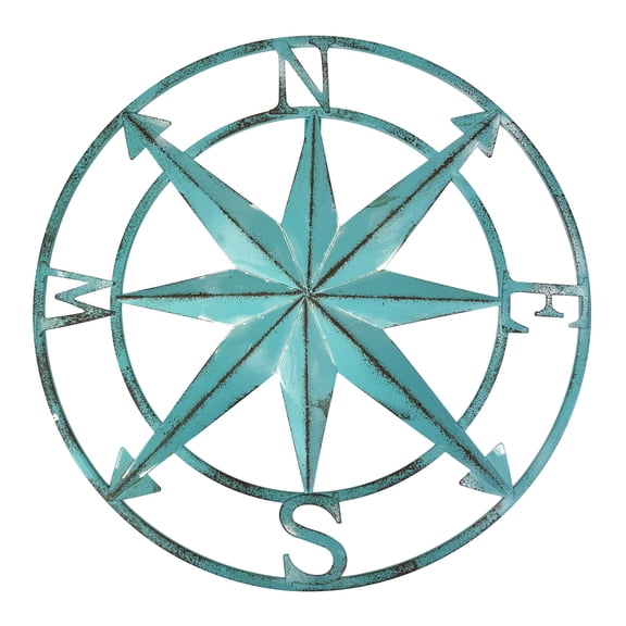 Zeckos Aqua Metal Compass Rose Wall Decor 20.25 inch Coastal Nautical Beach Art - Aqua - Size 20.25 inch diameter