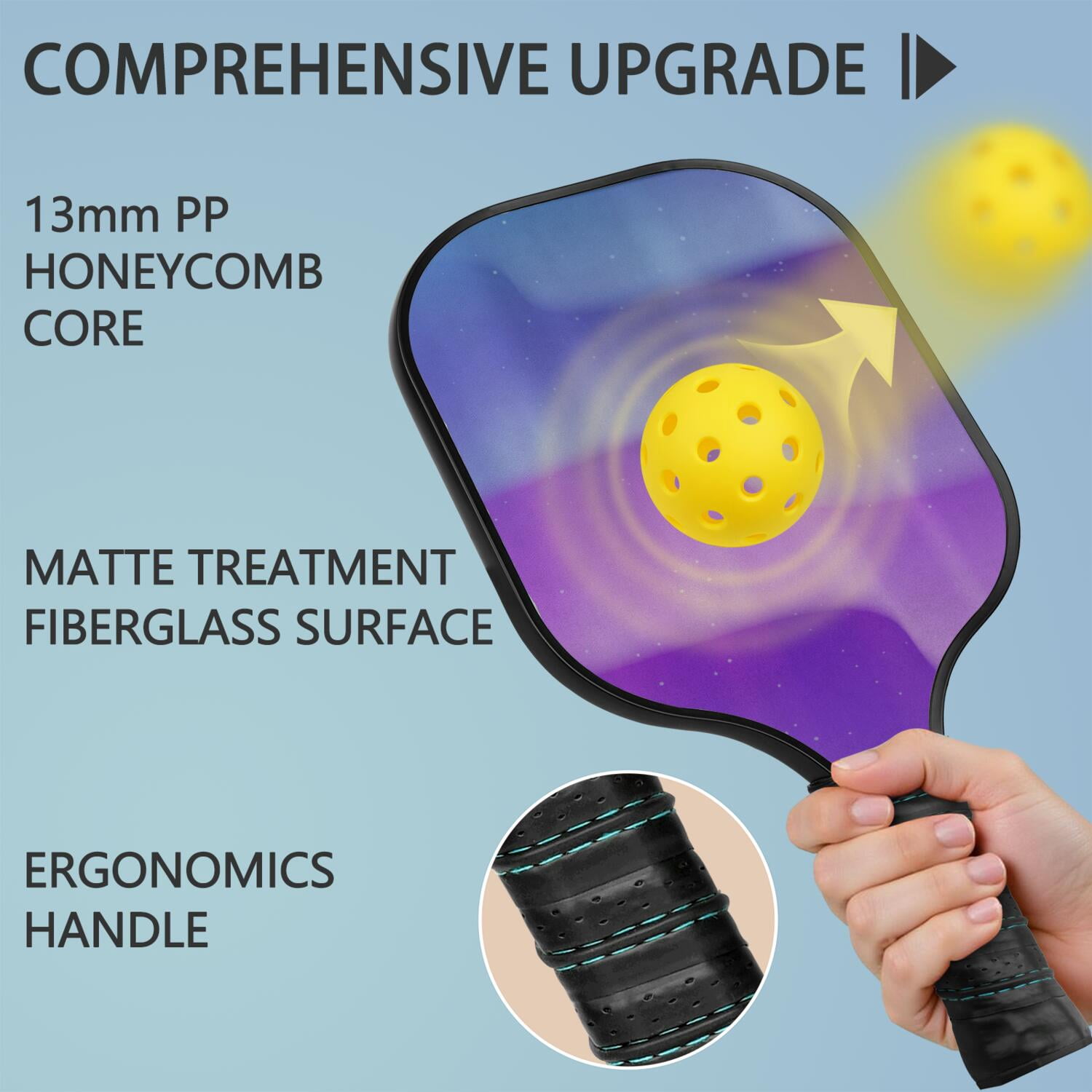 Pickleball Paddles Set Of 1, Fiberglass Surface, Fluid Smoke Aurora Art Style, 1 Paddle, 2 Balls & Bag
