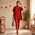 thumbnail image 7 of Szluipve 2 Piece Sets for Women 2 Piece Knit Loungewear Set Turtleneck Short Sleeve Oversized Tunic Top & Ribbed High Waist Leggings Casual Loose Fall Winter Outfit Suit Red S, 7 of 7