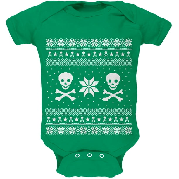 Skull & Crossbones Ugly Christmas Sweater Green Baby One Piece - 0-3