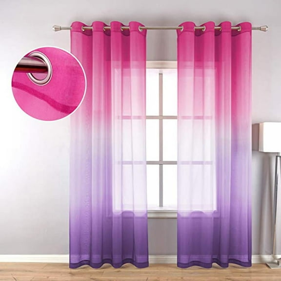 Ombre Sheer Curtains,Faux Linen Grommet Two-Color Linear Gradient Window Curtain Panels for Kids Girls Room Bedroom and Living Room Semi Voile 1 Panel Curtains,52*84inch Pink Purple