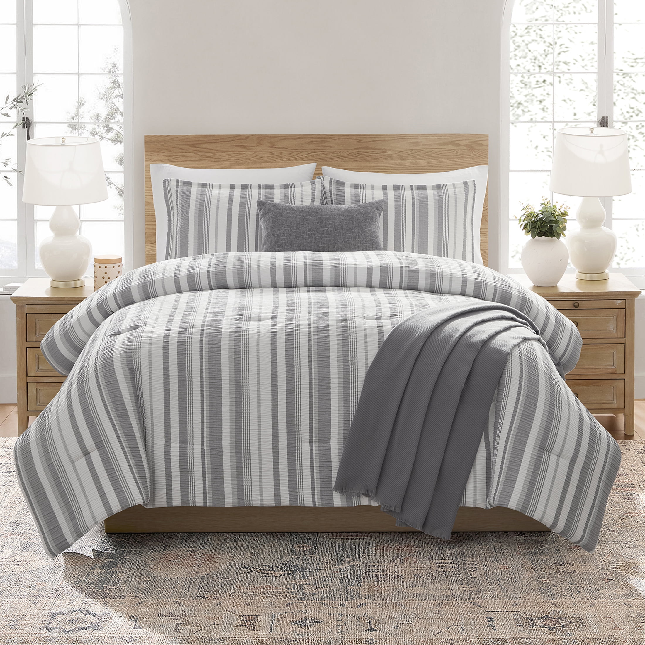 Mainstays Yarn Dyed Stripe 5-Piece Grey Comforter Set, King