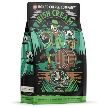 Bones Coffee Medium Roast Whole Bean Coffee | 12 oz Irish Cream Flavored Coffee