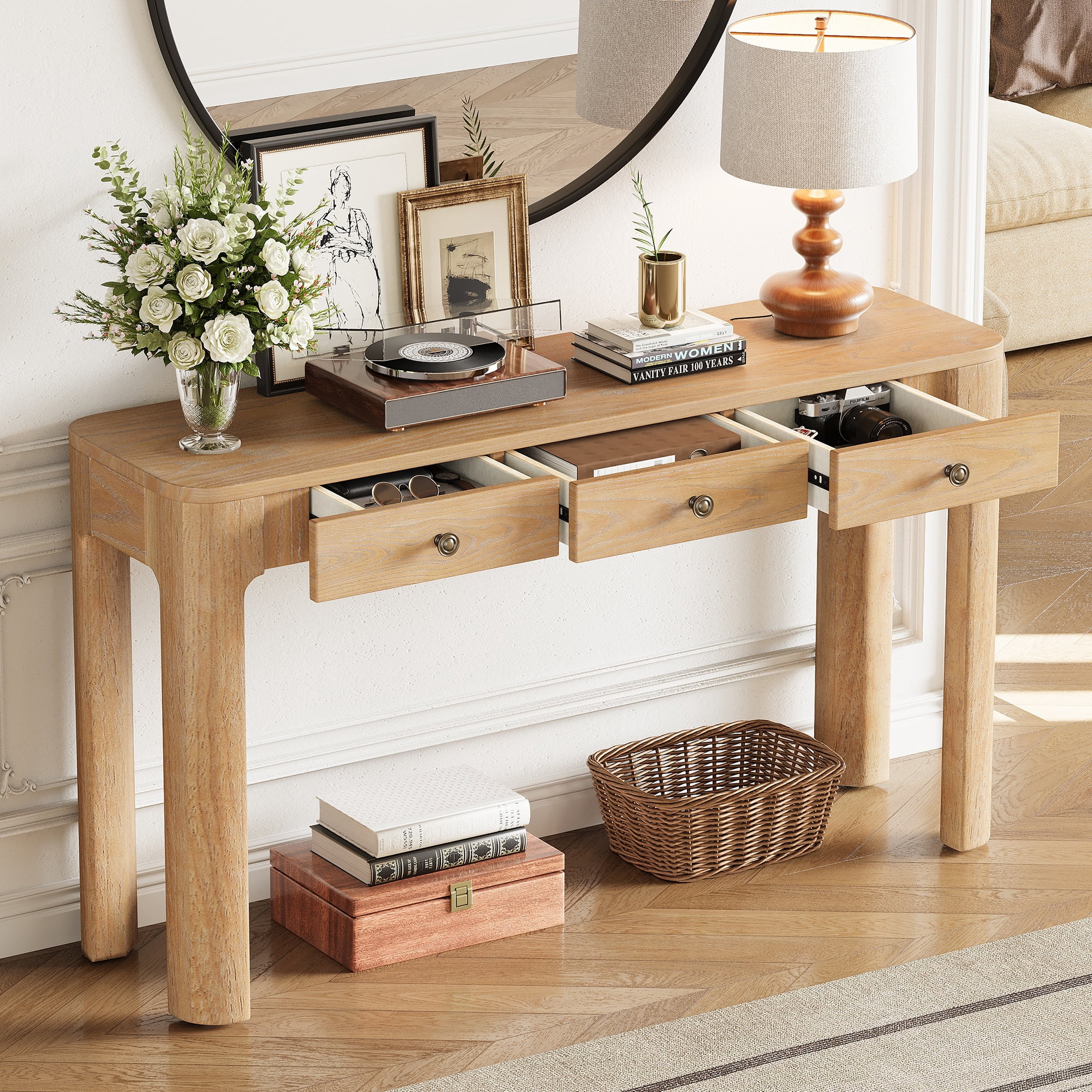 Aukfa 52" Console Table with Curved Corners, 3 Drawers & Thick Legs, Entryway Table for Living Room & Hallway, Light Oak