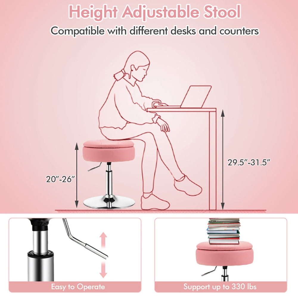Finihen Vanity Stool with Storage, Makeup Room Seat Chair, Adjustable 360° Swivel Storage Vanity Stool with Removable Tray, for Makeup Room, Living Room, Bedroom, Pink