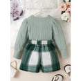 thumbnail image 4 of Pudcoco Kids Girl Fall Outfits Solid Color Square Neck Long Sleeve Tops Buttons Mini Plaid Skirts 2Pcs Clothes Set, 4 of 8